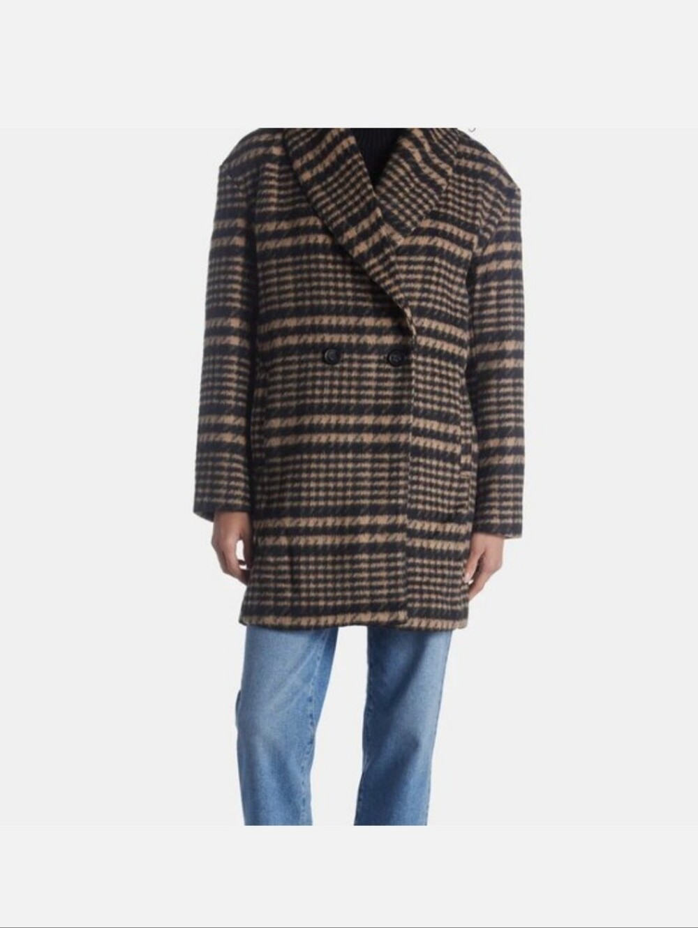 Avec Les Filles Double-Breasted Plaid Wool Coat in Brown & Black